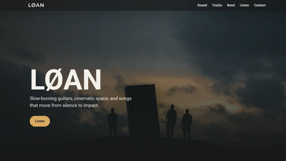 Ukážka hero sekcie webstránky LØAN s veľkým logom, navigáciou a atmosférickou fotografiou