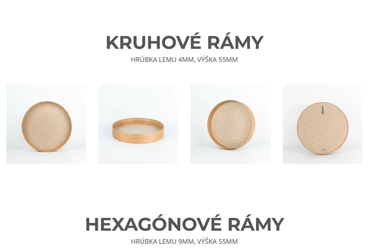 Produktová sekcia webu Valovič Woodworking s kruhovými a hexagónovými rámami