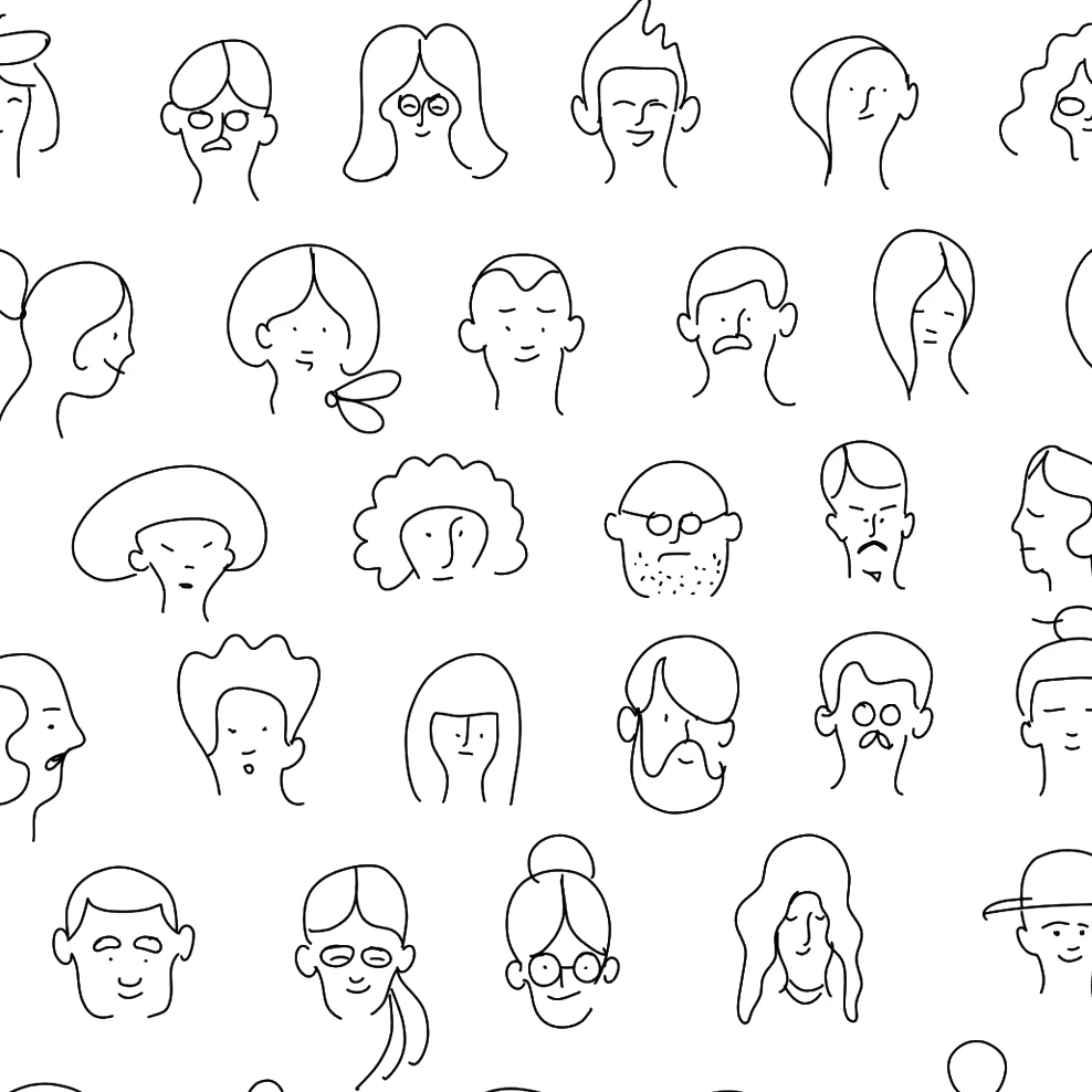 Lineárne ilustrácie rôznych typov tvárí a charakterov