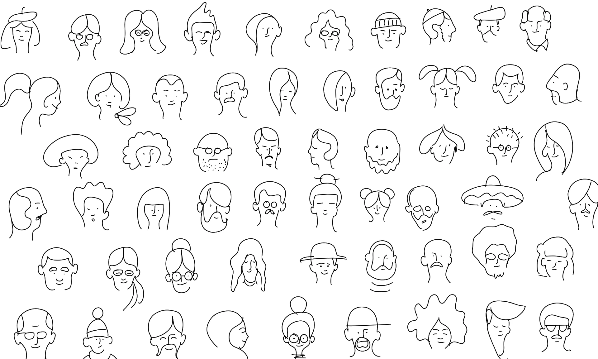 Široká séria minimalistických lineárnych ilustrácií rôznych typov tvárí