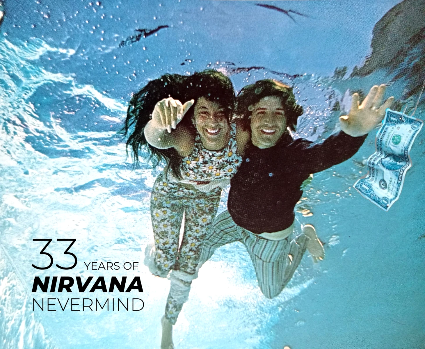 Poster Nirvana Nevermind s farebnou podvodnou fotografiou a čistou typografiou