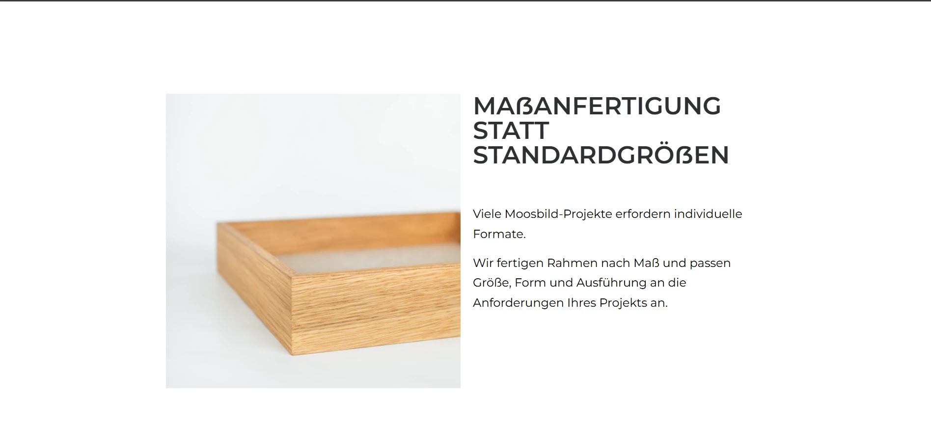 Produktová sekcia Maßanfertigung statt Standardgrößen s dreveným rámom a textom o výrobe na mieru